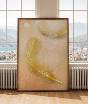 Elegant golden feathers with sparkling particles on soft background