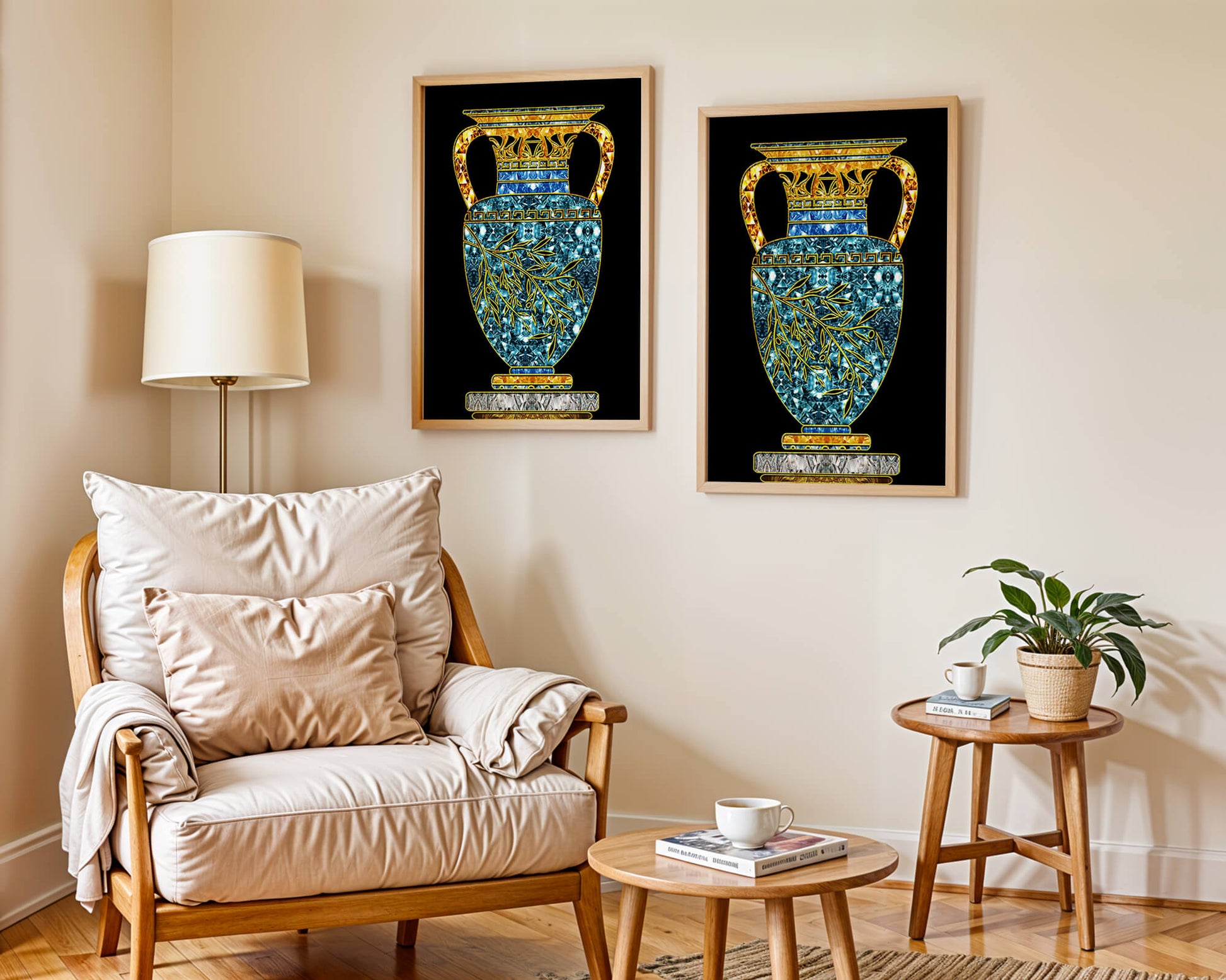 Jarrón de mosaico detallado con piedras preciosas doradas y azules sobre fondo negro