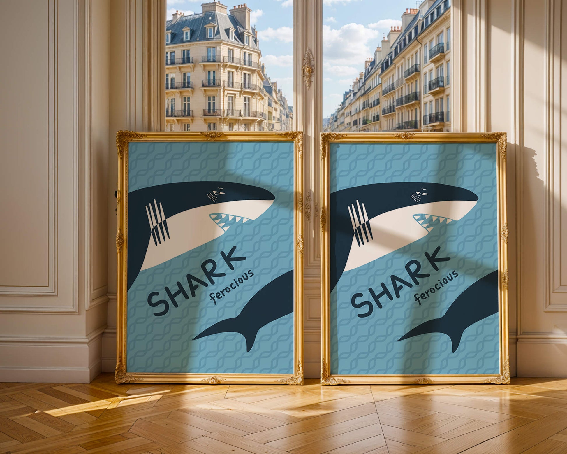 Illustrated shark graphic with blue background and typography