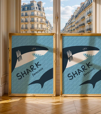 Illustrated shark graphic with blue background and typography