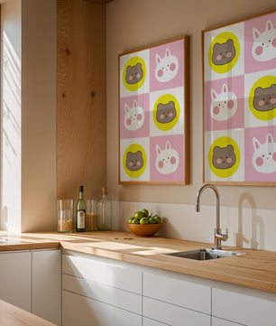 Diseño de patrones de animales juguetones con caras de osos y conejos en colores pastel