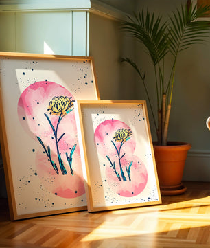 Abstract Floral Design with Pink Circles and Yellow Flower on White Background