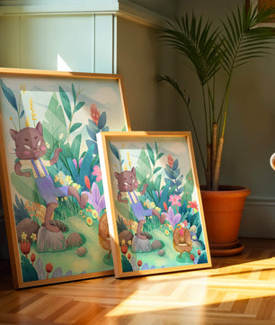 Playful Cat and Chicken in Vibrant Forest Scene Illustration