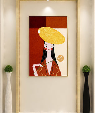 Elegant Woman with a Gold Hat and a Flower on a Red Background - Mi tienda