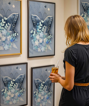 Elegant butterfly with blue floral arrangement artwork