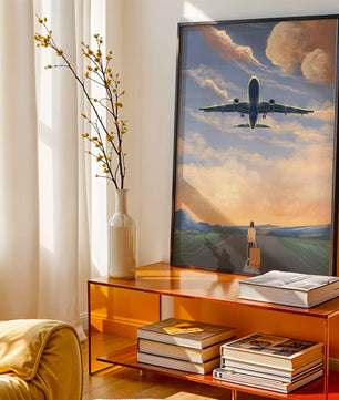 Serene airport departure with airplane and traveler at sunset