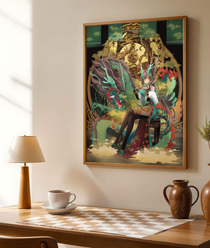 Art fantastique élégant d'une femme avec un dragon majestueux et des éléments dorés