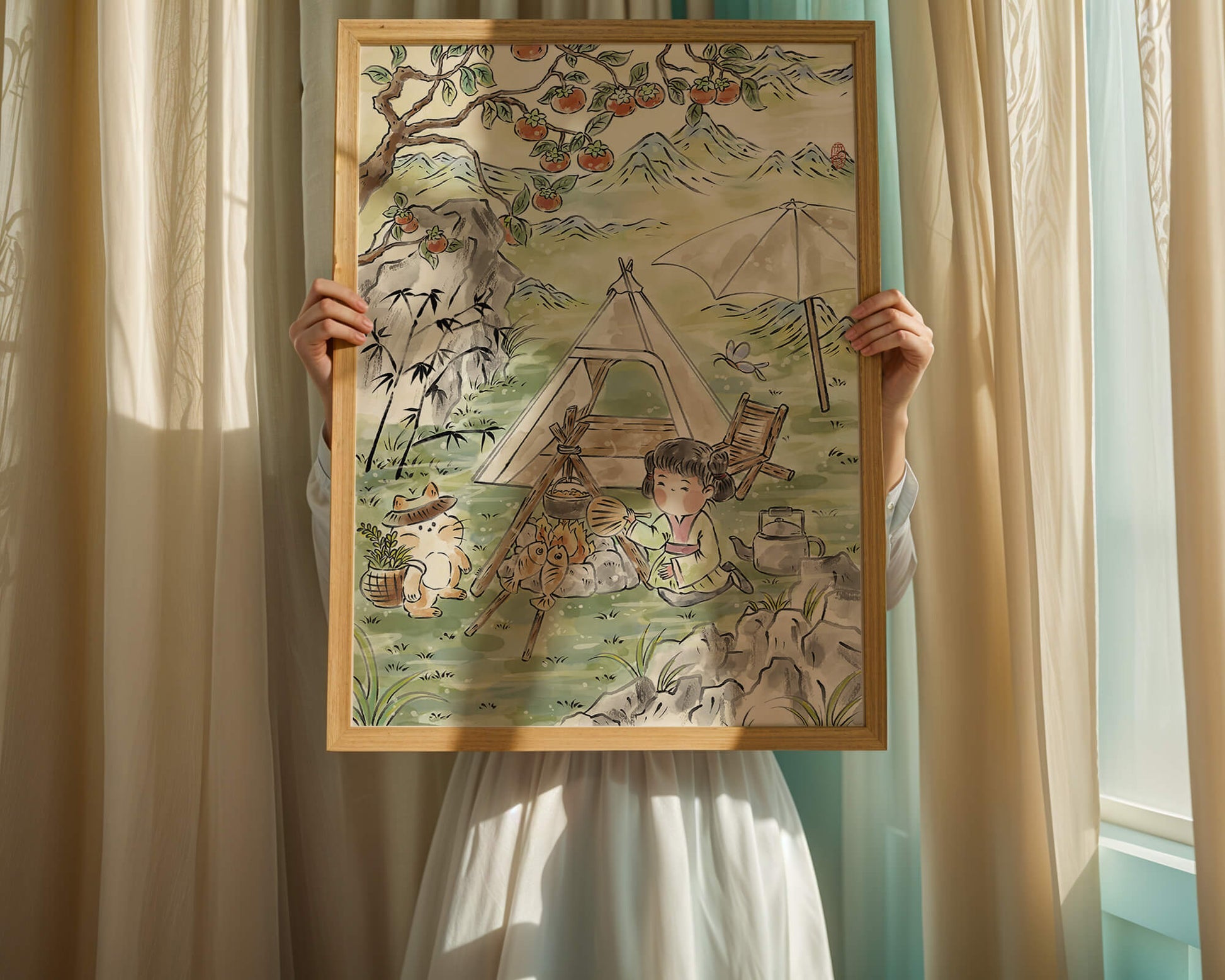 Escena encantadora de camping con un niño y un gato bajo un árbol de caqui