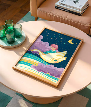 Child flying on a goose through a magical night sky illustration