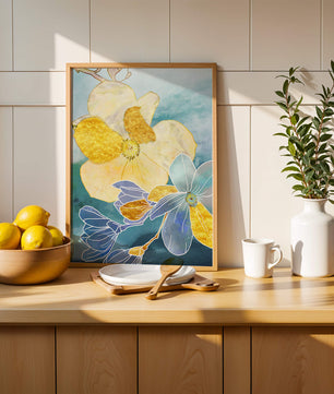 Abstract Floral Art with Golden Accents on Blue Background