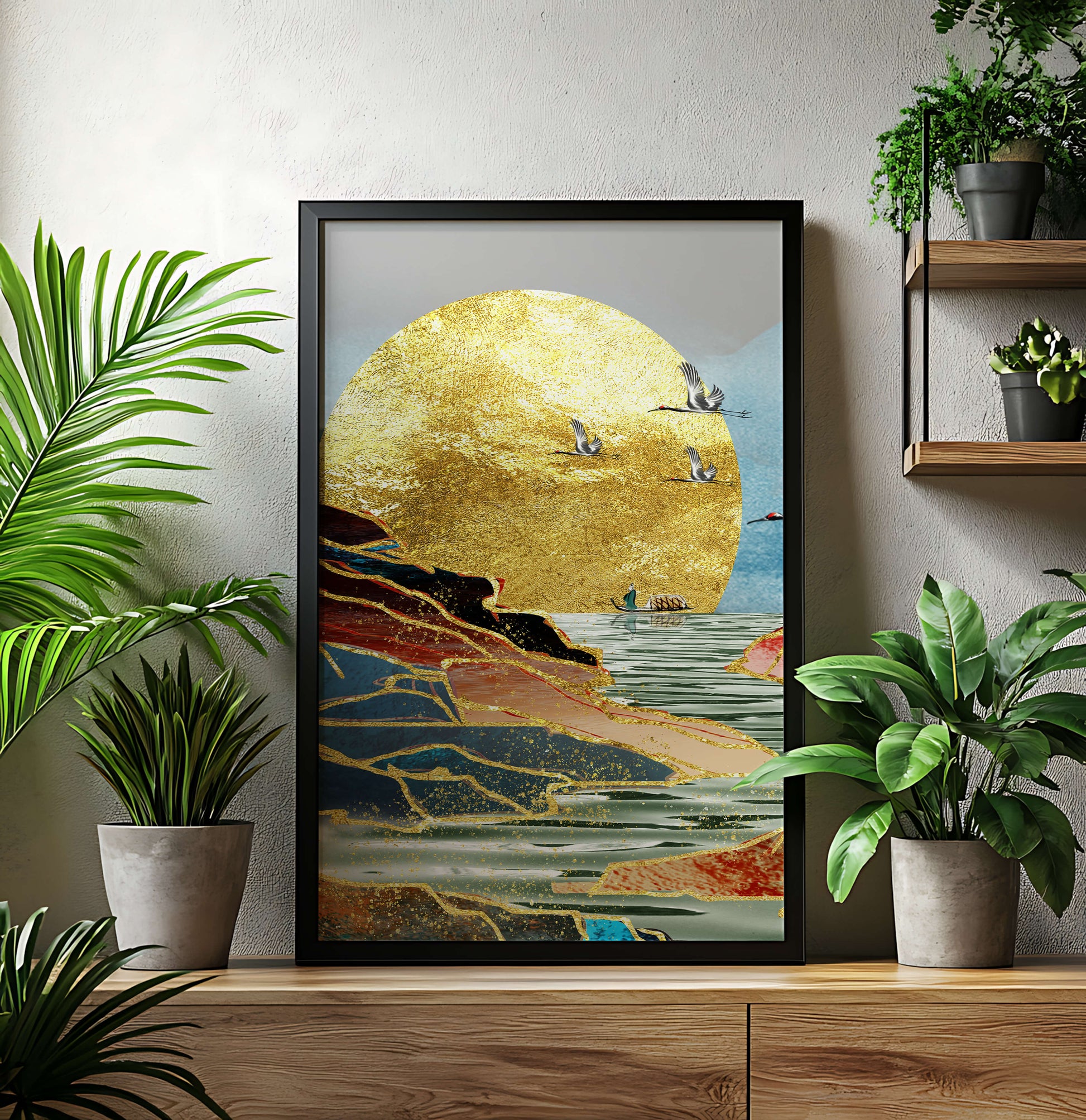 Majestic Golden Sun with Birds over Serene Landscape