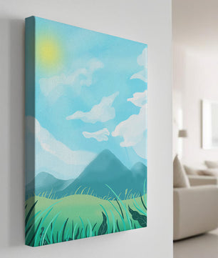 Sunny Day Overlooking a Mountain Landscape with Rolling Hills and Blue Sky
