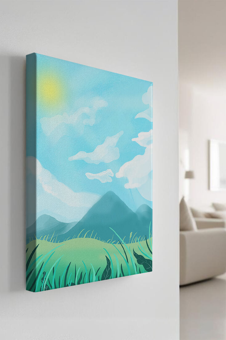 Sunny Day Overlooking a Mountain Landscape with Rolling Hills and Blue Sky