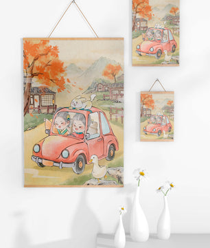 Charmante Landfahrt mit verspielten Charakteren und herbstlicher Landschaft