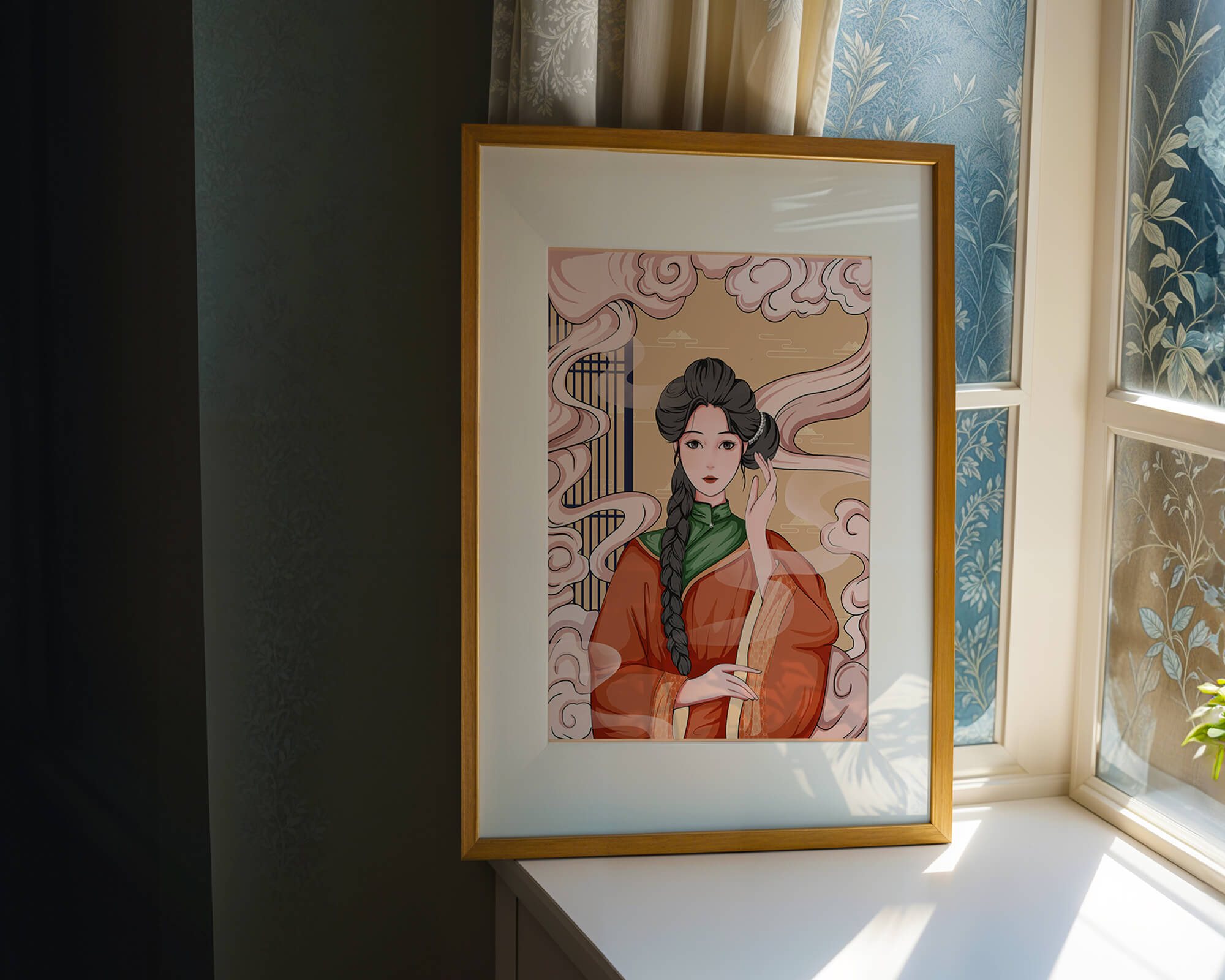 Elegant depiction of a woman in traditional attire with swirling clouds