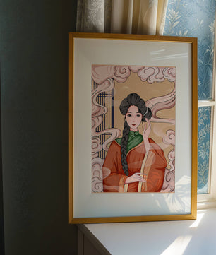 Elegante representación de una mujer con atuendo tradicional y nubes giratorias