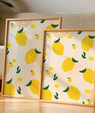 Playful lemon pattern with green leaves and abstract shapes