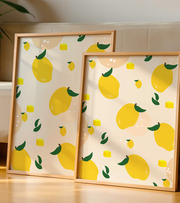 Playful lemon pattern with green leaves and abstract shapes