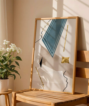 Abstraktes geometrisches Kunstwerk mit goldenen Akzenten und dynamischen Formen