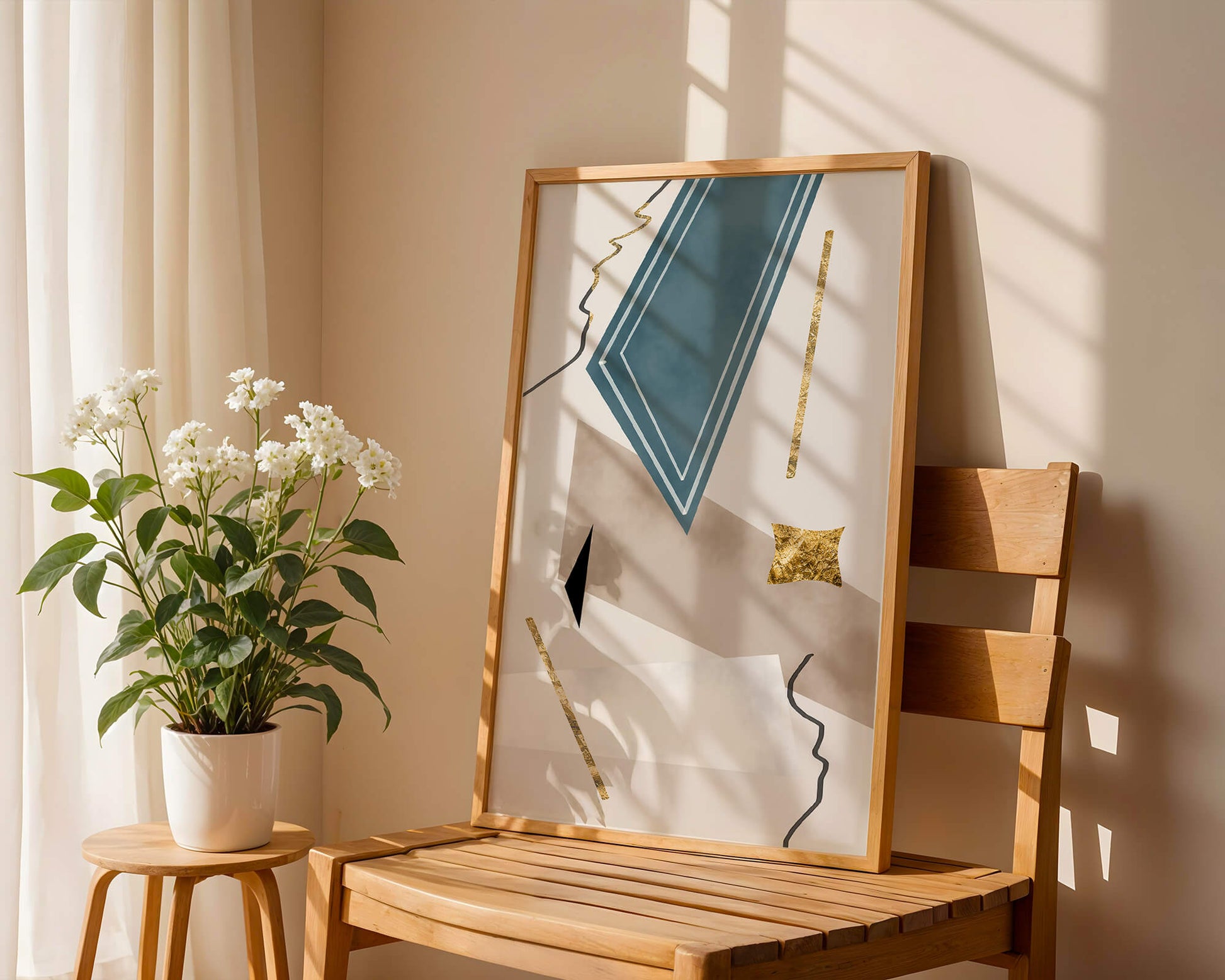 Abstract geometric artwork with gold accents and dynamic shapes
