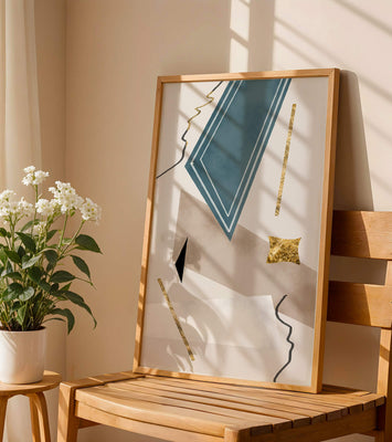 Abstract geometric artwork with gold accents and dynamic shapes