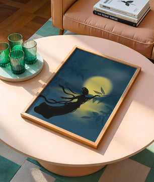 Silhouette of a Woman Reaching for Leaves in Front of a Full Moon