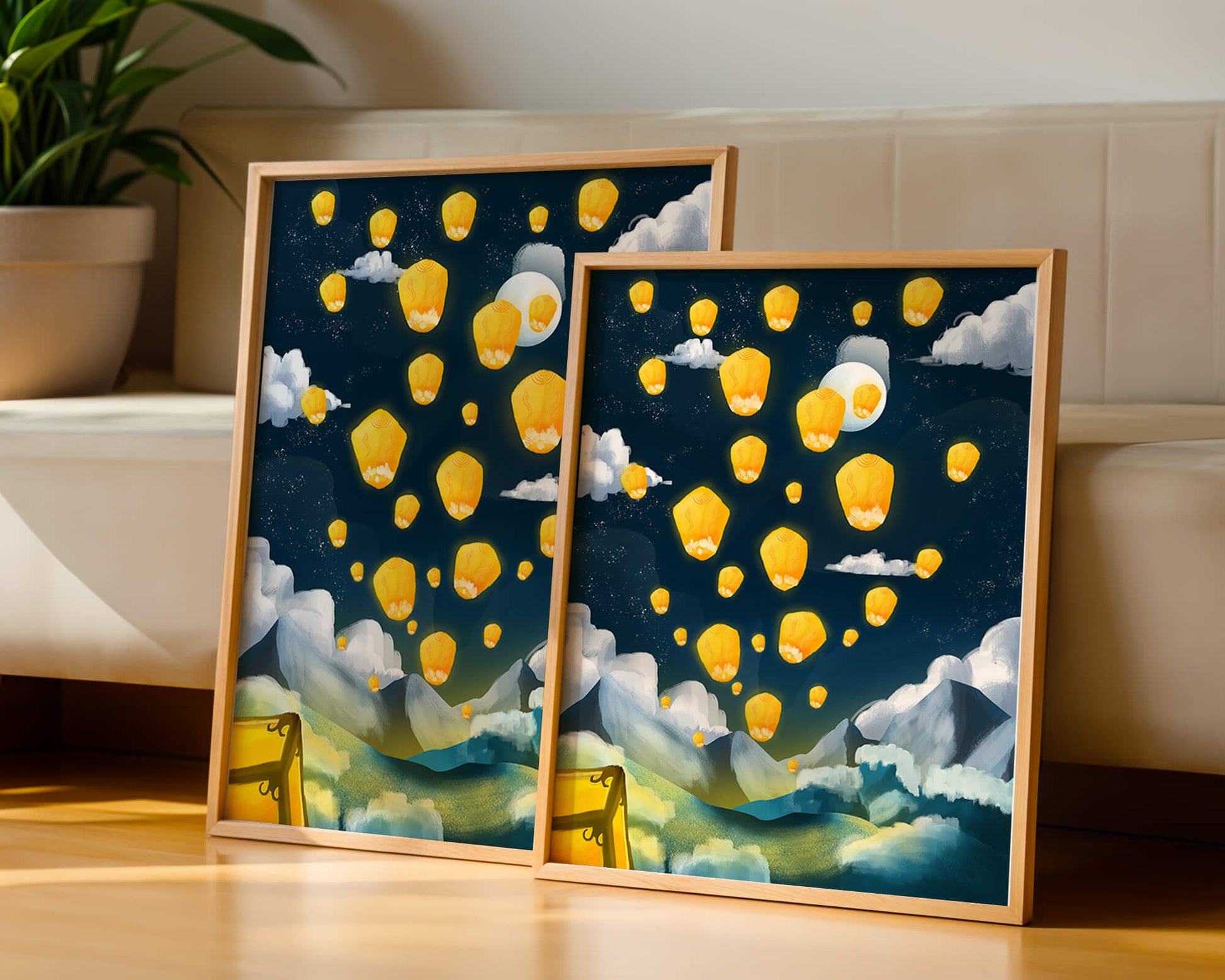 Lanterns floating in a starry night sky over mountains