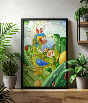 Dragon de dessin animé coloré avec des boulettes dans un paysage fantastique