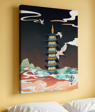 Scène illustrée d’une pagode traditionnelle avec des grues dans un paysage coloré