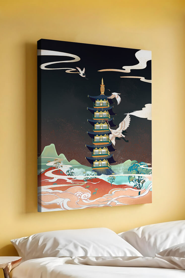 Illustrated scene of traditional pagoda with cranes in colorful landscape