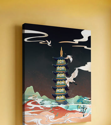 Illustrated scene of traditional pagoda with cranes in colorful landscape