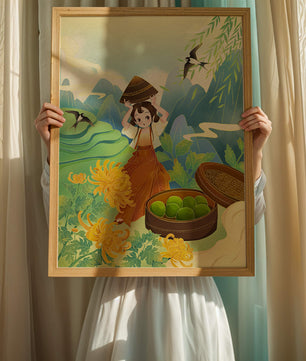Young girl with basket in vibrant mountain landscape with birds and flowers