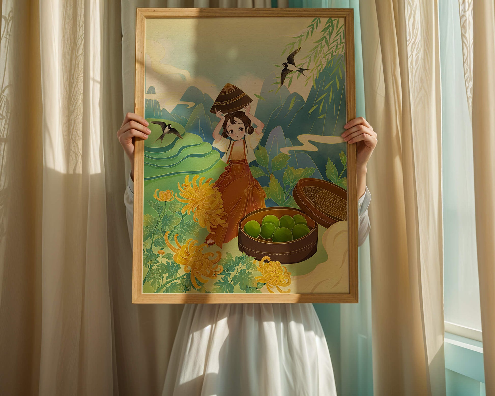 Young girl with basket in vibrant mountain landscape with birds and flowers