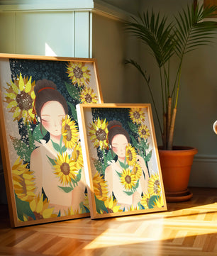 Young woman surrounded by vibrant sunflowers in a serene setting