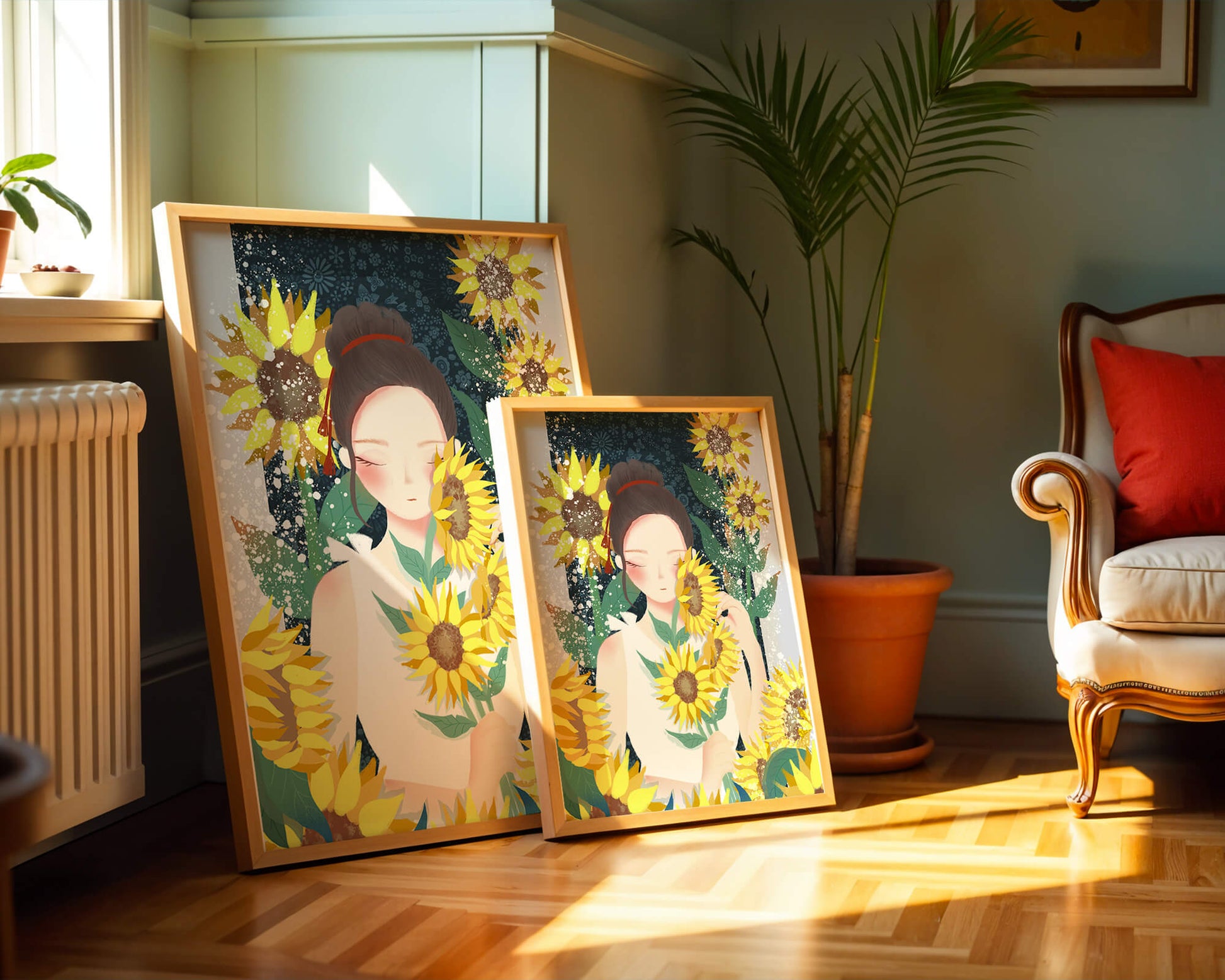 Young woman surrounded by vibrant sunflowers in a serene setting