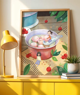 Charming illustration of children with dessert in a whimsical setting
