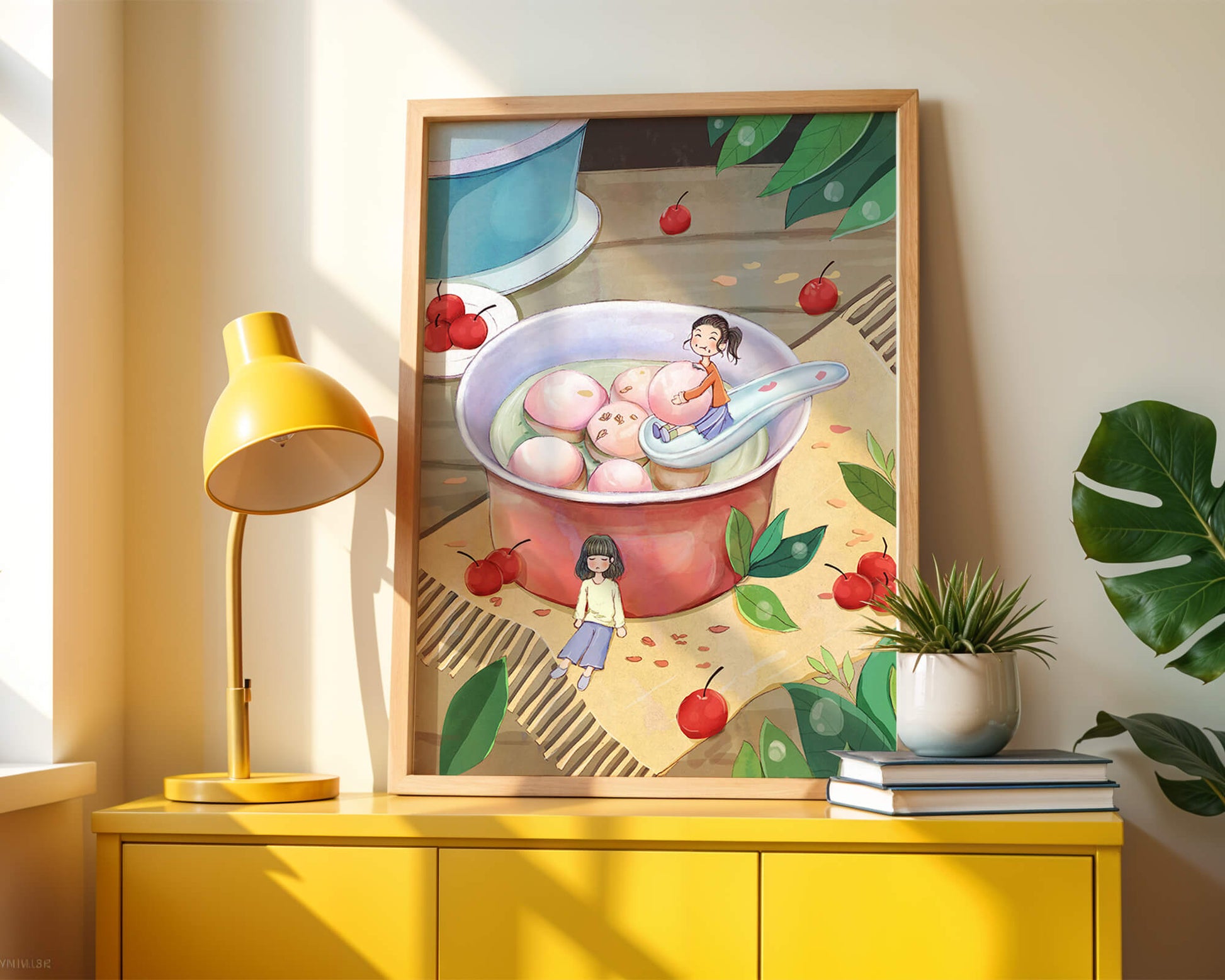 Charming illustration of children with dessert in a whimsical setting