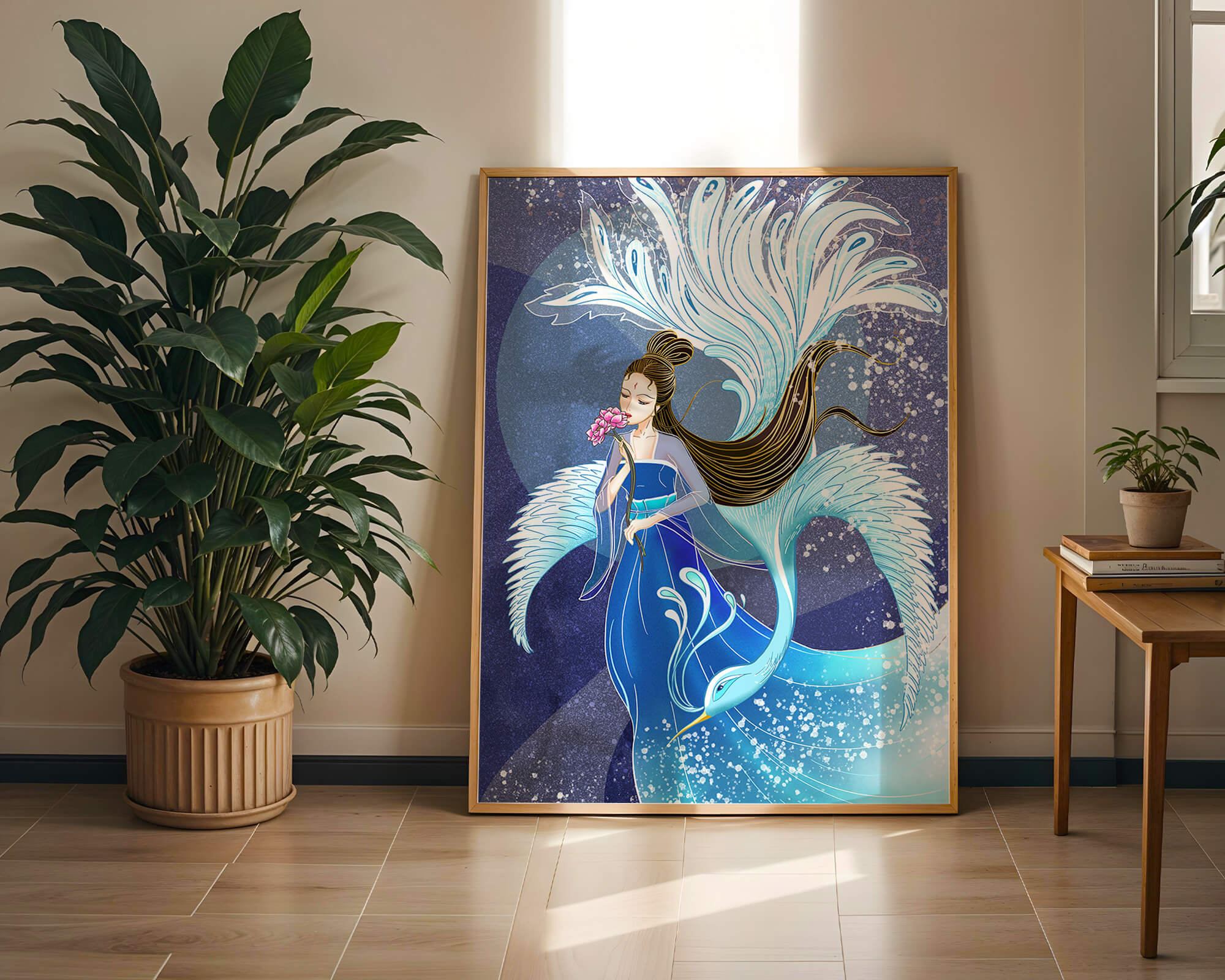 Elegant woman with floral motif and ethereal bird illustration