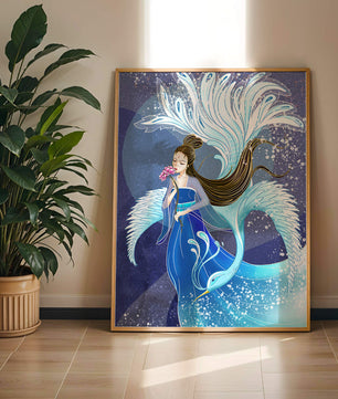 Elegant woman with floral motif and ethereal bird illustration