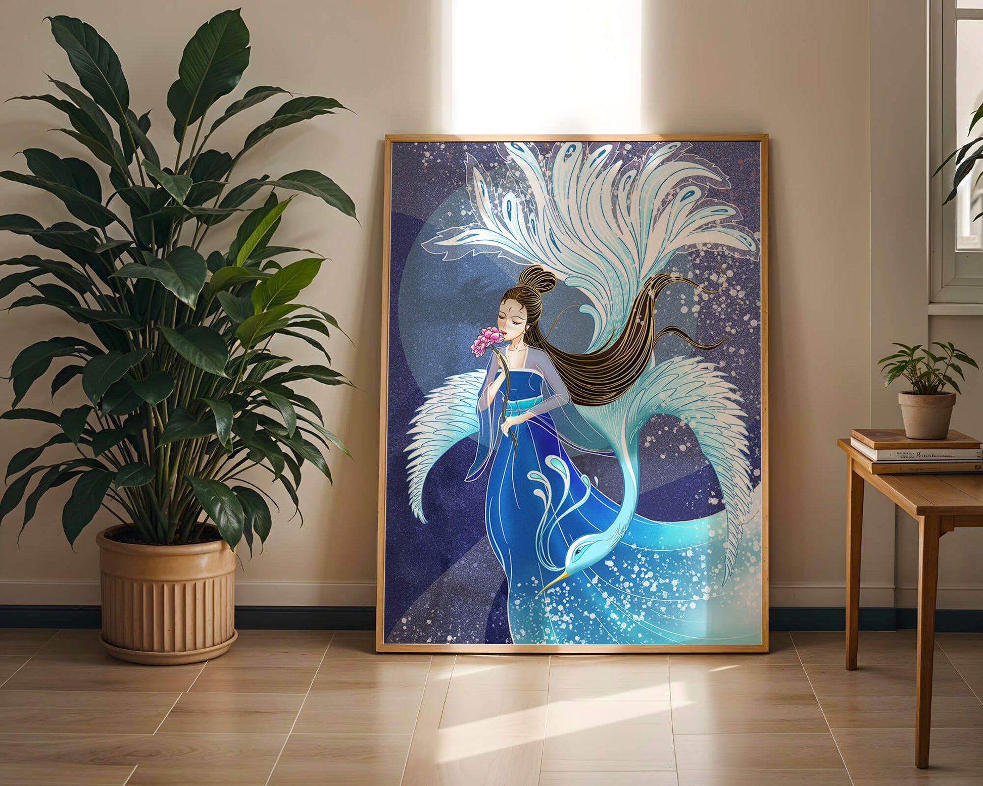 Elegant woman with floral motif and ethereal bird illustration