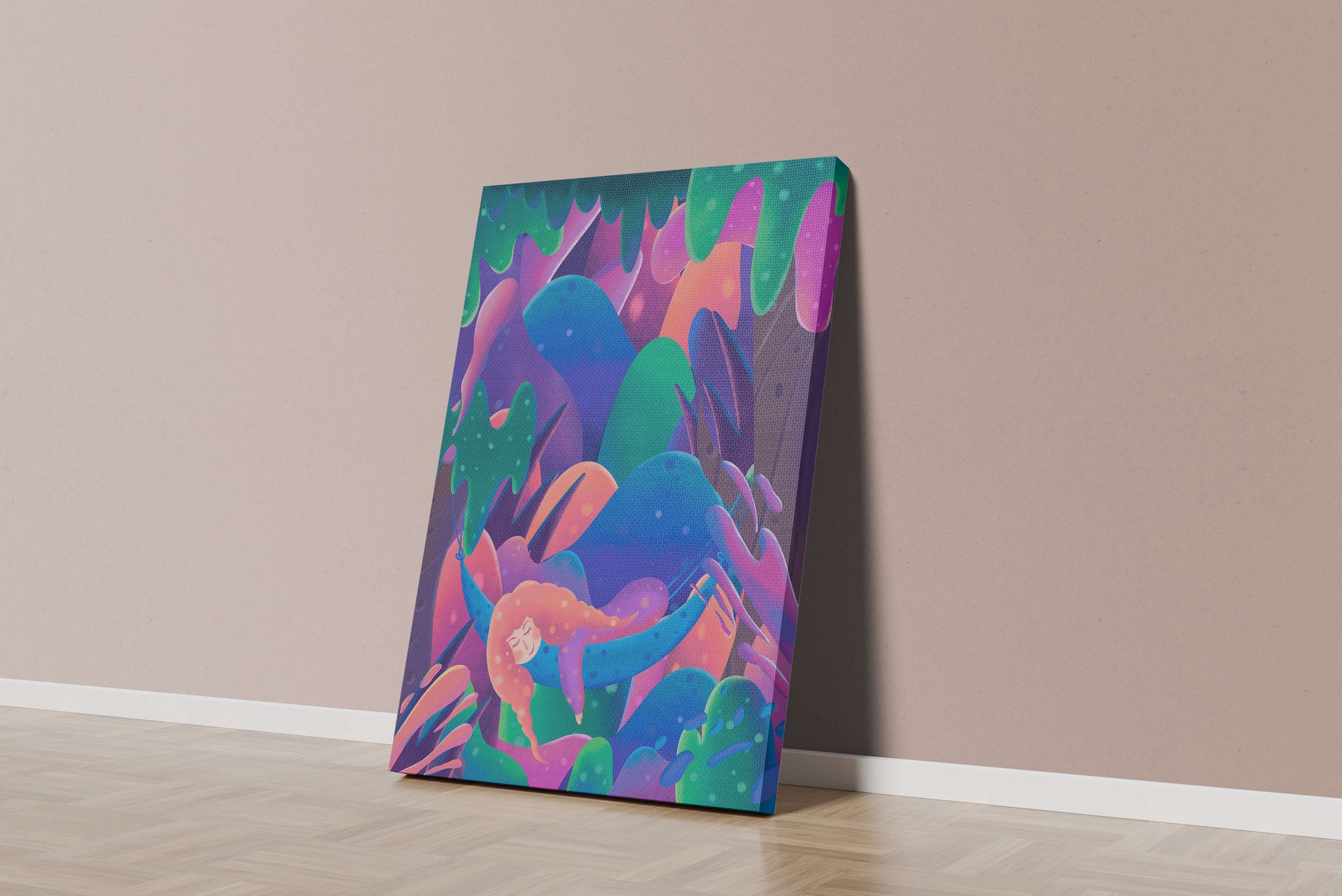 Selva surrealista onírica con mujer dormida