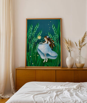 Enchanting fairy in magical wheat field at night