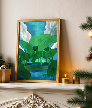 Serene landscape with lush green leaves and blue horizon