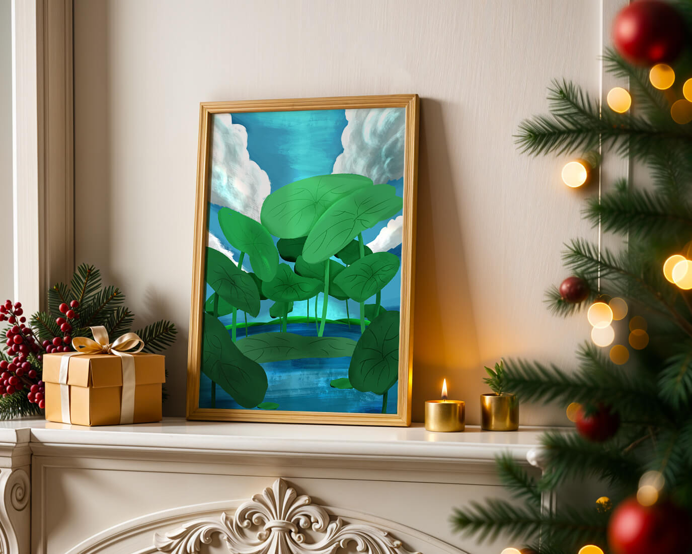 Serene landscape with lush green leaves and blue horizon