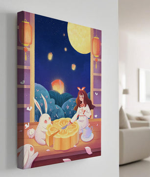 Moonlit Night with Lanterns and Tea Ceremony Featuring Rabbits and Mooncakes