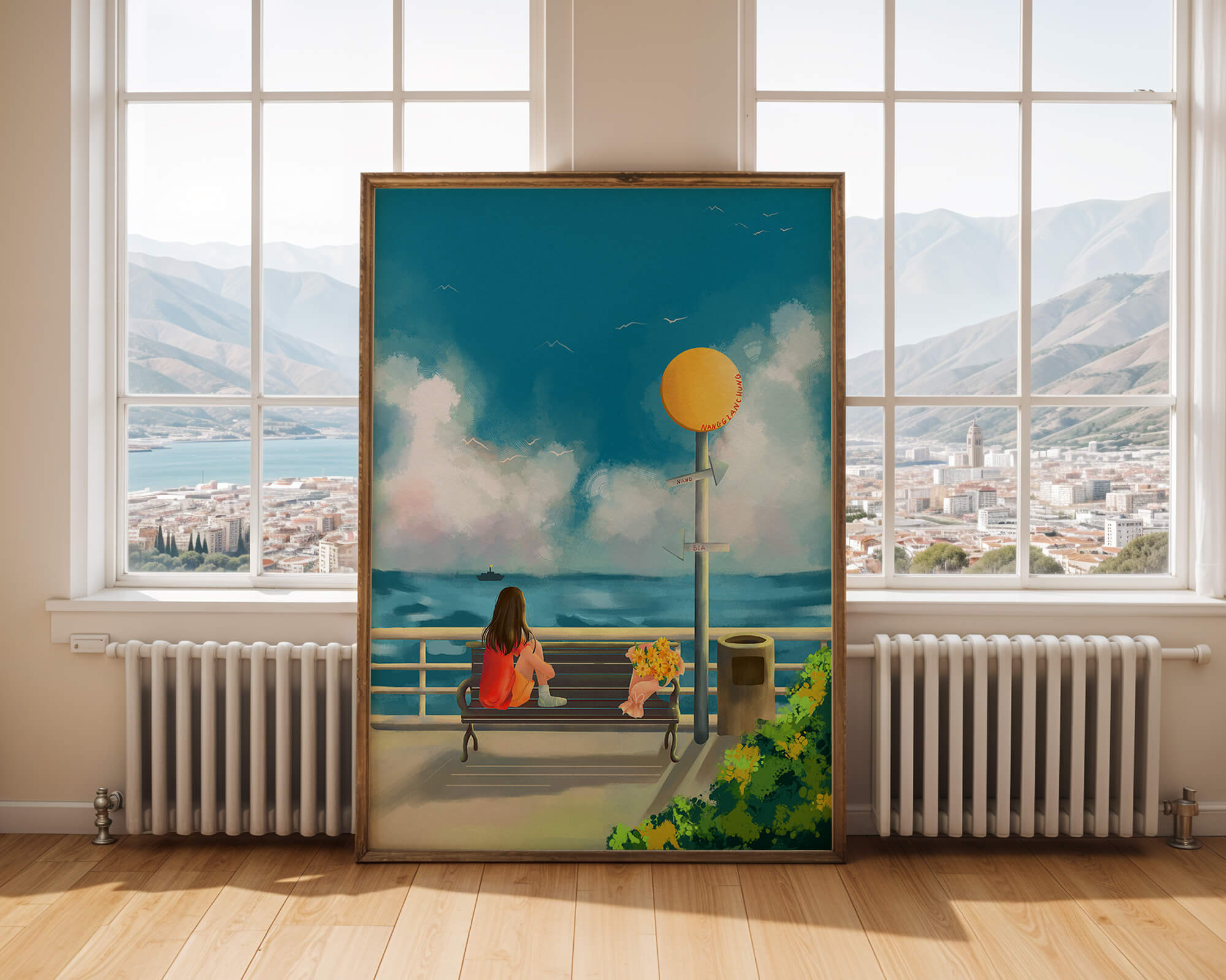 Serene waterfront scene with woman on bench facing the sea