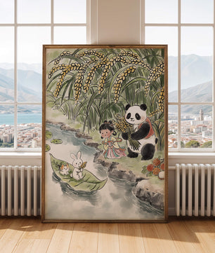 Escena caprichosa con un panda y un conejo junto al río