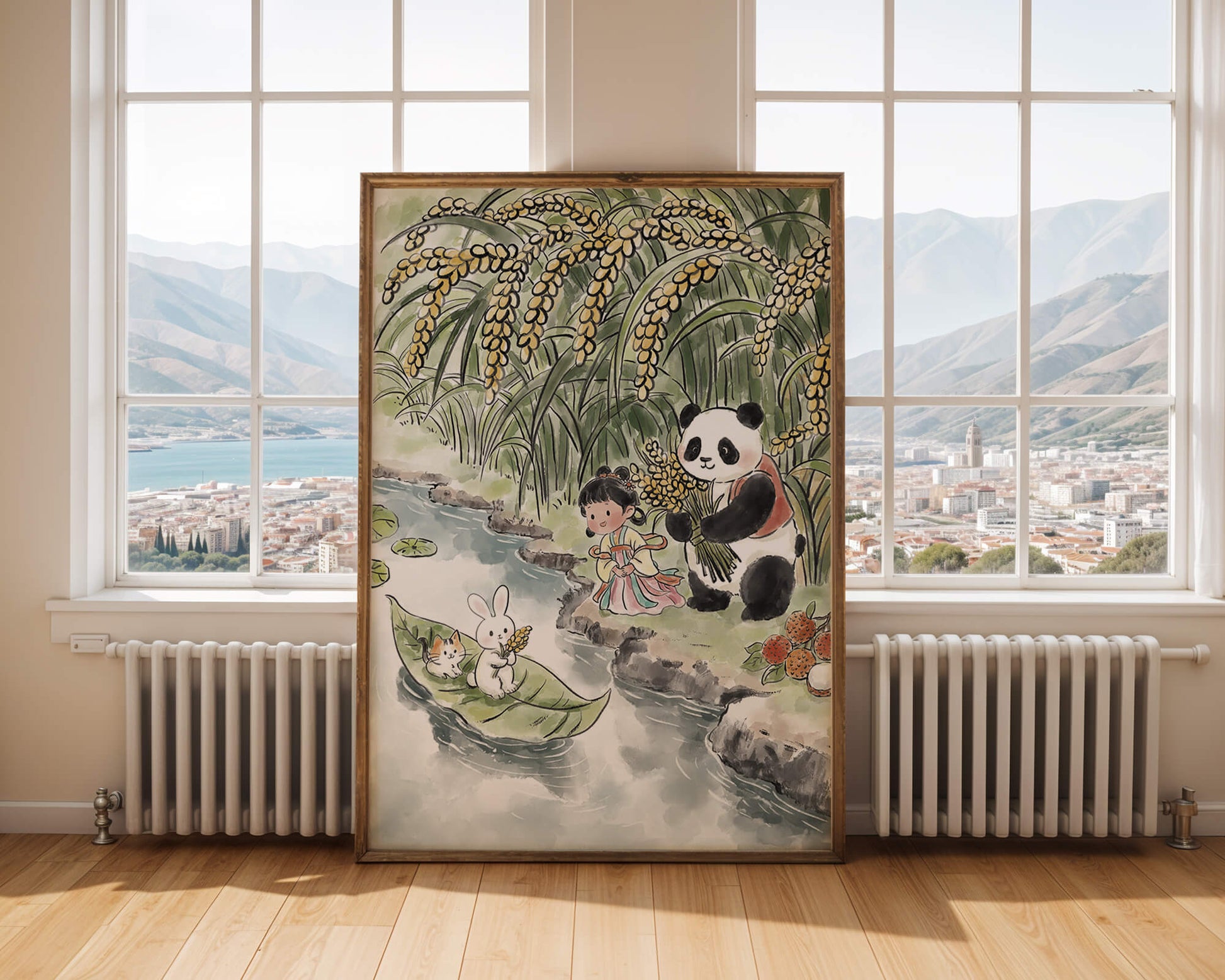 Escena caprichosa con un panda y un conejo junto al río
