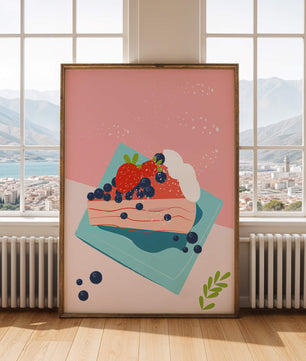 Bunte Dessertillustration mit Erdbeeren und Blaubeeren auf pastellfarbenem Hintergrund