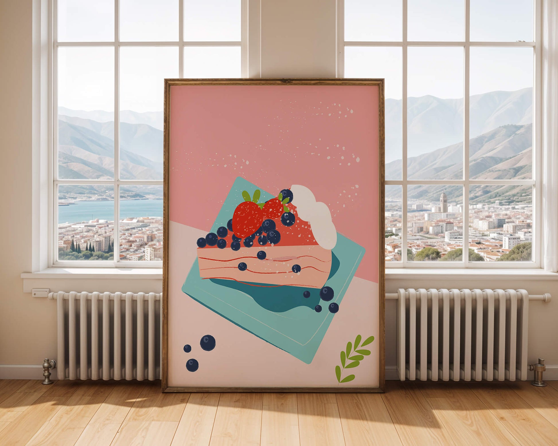 Bunte Dessertillustration mit Erdbeeren und Blaubeeren auf pastellfarbenem Hintergrund